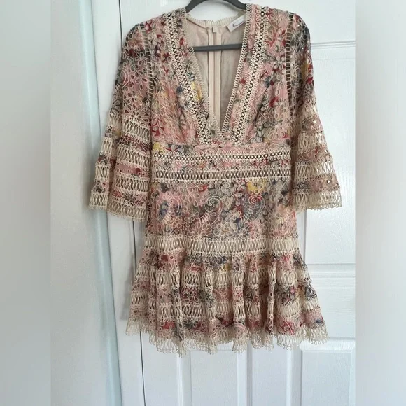 Zimmerman A Line Dress w Crochet Mesh Detailing and Beige w pink & purple Sz 6 - Picture 5 of 11
